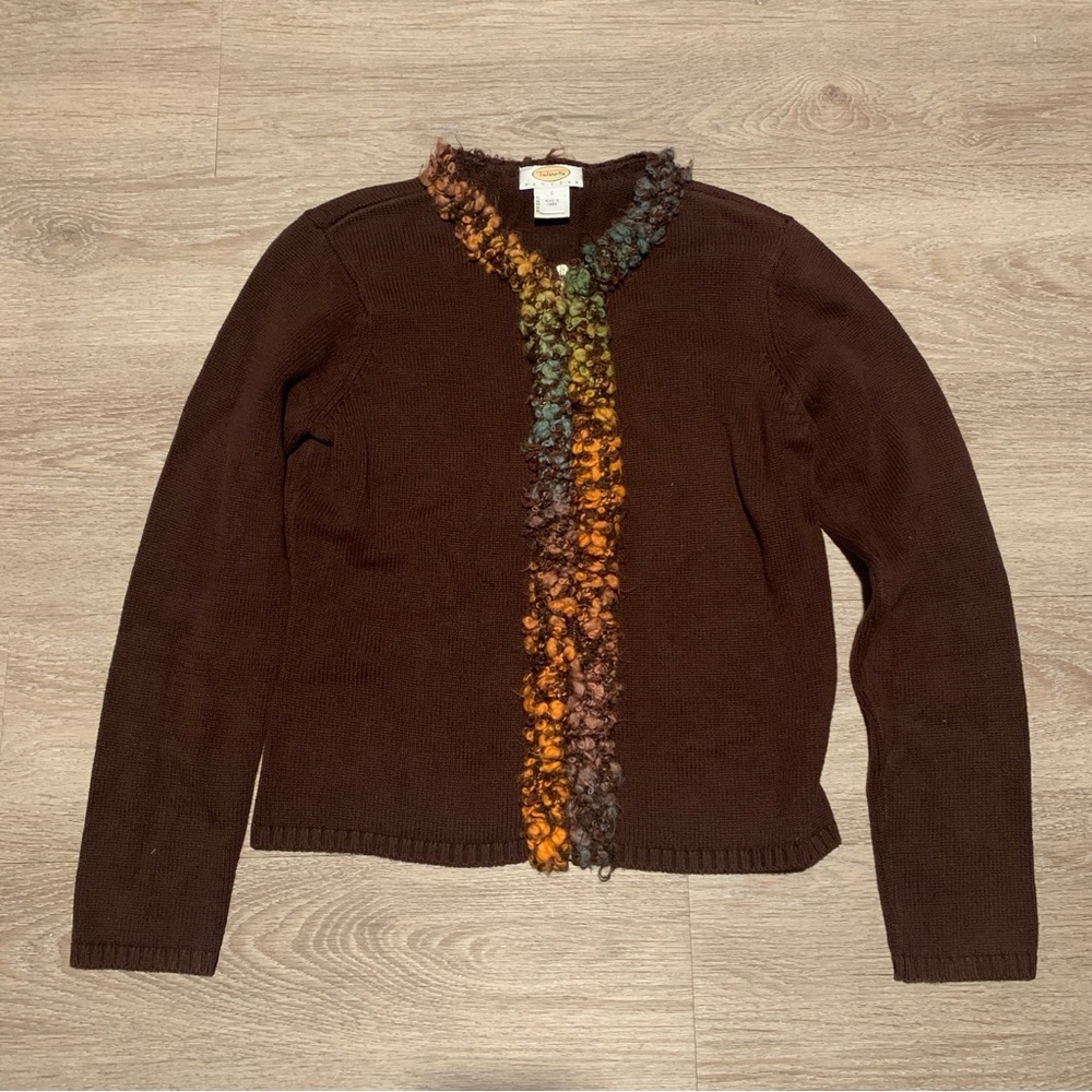 Talbots Brown Knit Zip Rainbow Looped Cardigan Size SP